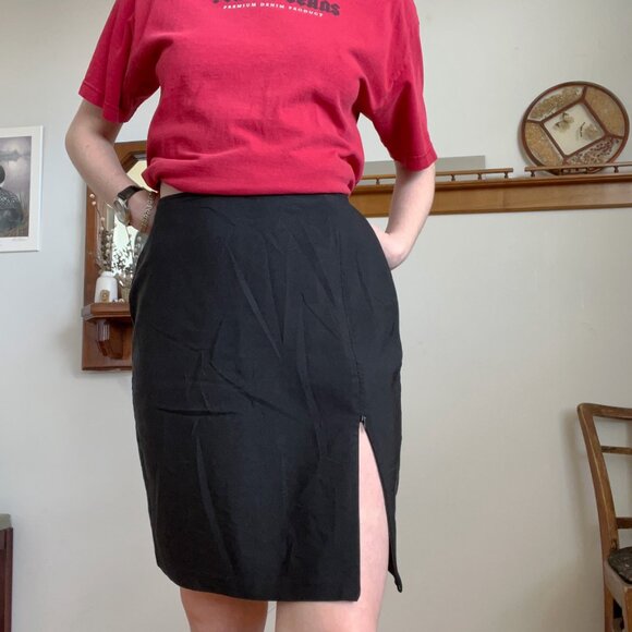 80s Garage Rare Vintage "Day to Night" Black Mini Slit Skirt Small - Picture 2 of 4